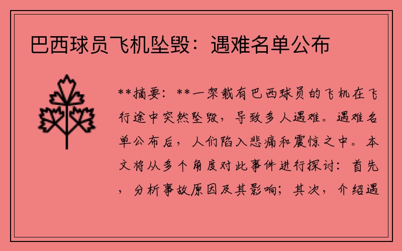 巴西球员飞机坠毁：遇难名单公布