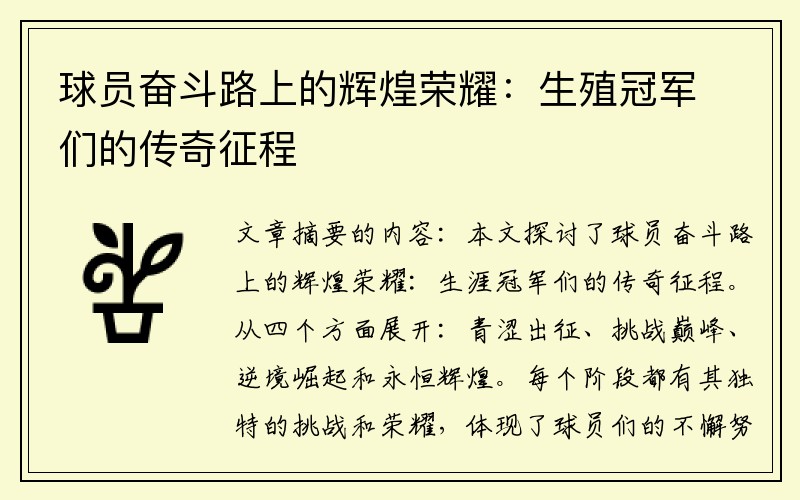球员奋斗路上的辉煌荣耀：生殖冠军们的传奇征程