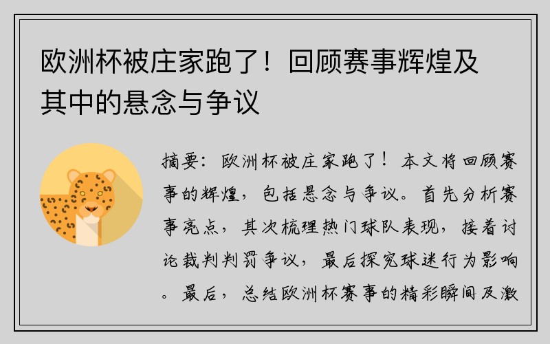 欧洲杯被庄家跑了！回顾赛事辉煌及其中的悬念与争议