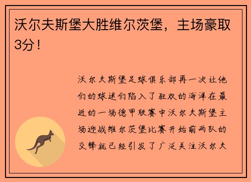沃尔夫斯堡大胜维尔茨堡，主场豪取3分！