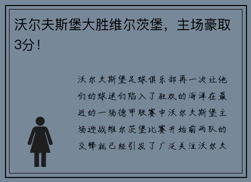 沃尔夫斯堡大胜维尔茨堡，主场豪取3分！