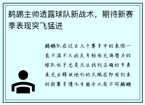 鹈鹕主帅透露球队新战术，期待新赛季表现突飞猛进
